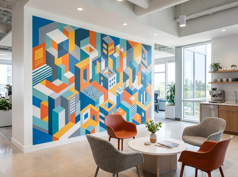 Ejemplo de mural geométrico impreso en una oficina