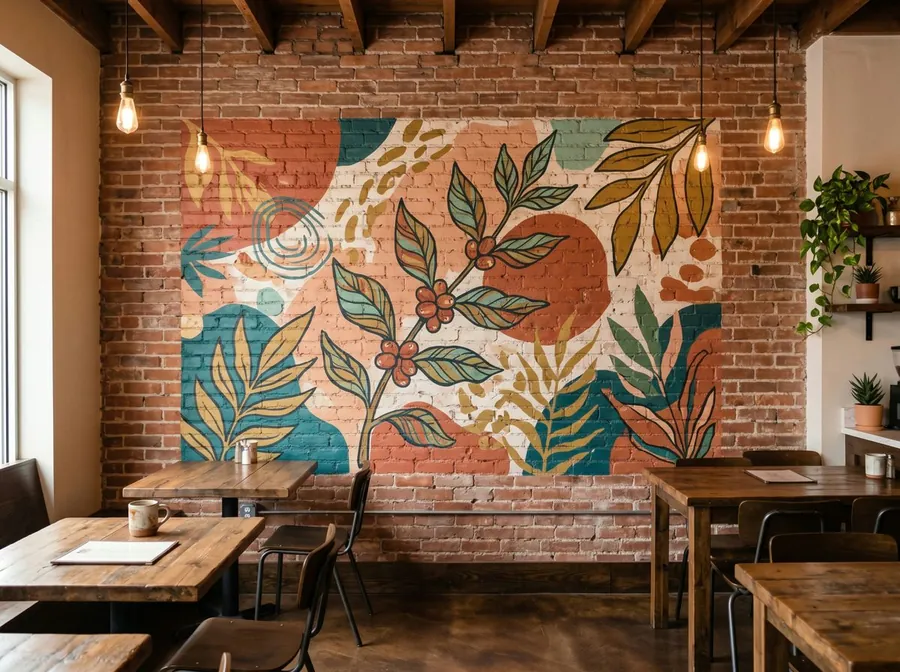 Ejemplo de mural botánico impreso en una cafetería