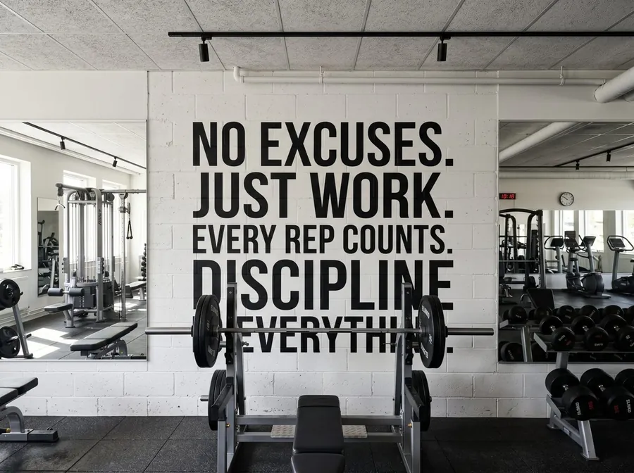 Ejemplo de mural con tipografía motivacional en un gimnasio
